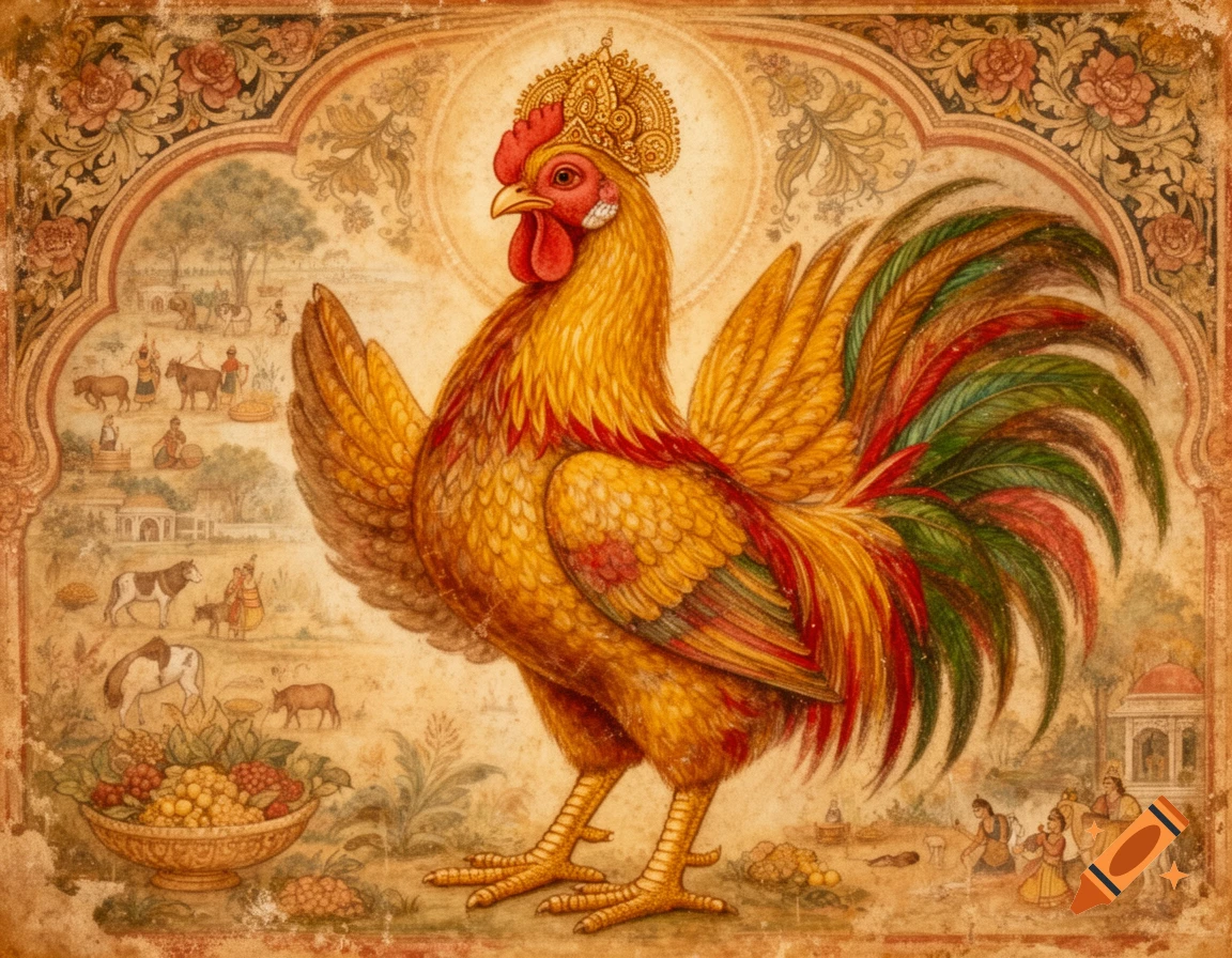 A regal golden rooster with a crown, depicted in an old Indian painting style, against a backdrop of rural life scenes.