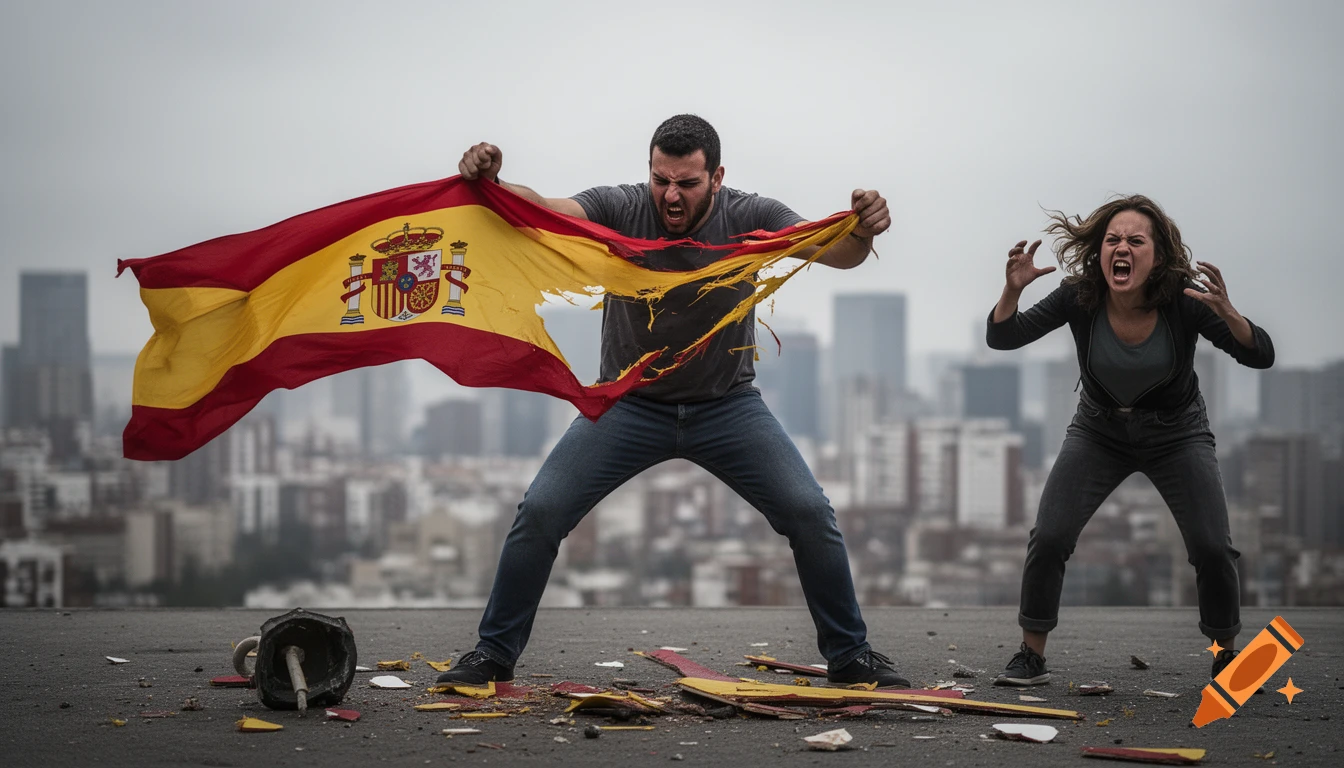 A man tears a Spanish flag while a woman next to him yells in anger, with a blurry city background.