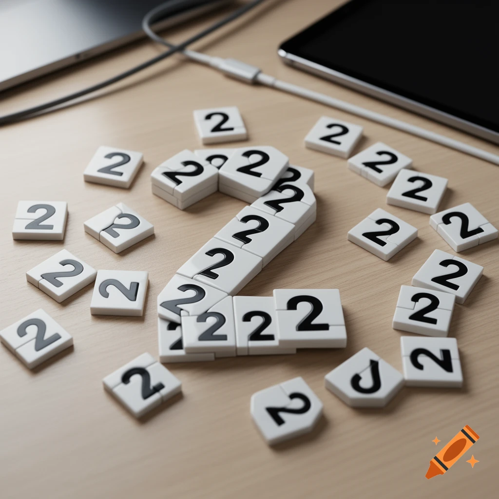 A photorealistic close-up of many white tiles with the number "2" on them, arranged to form a larger "2" and scattered on a wooden desk with a laptop and tablet in the background.