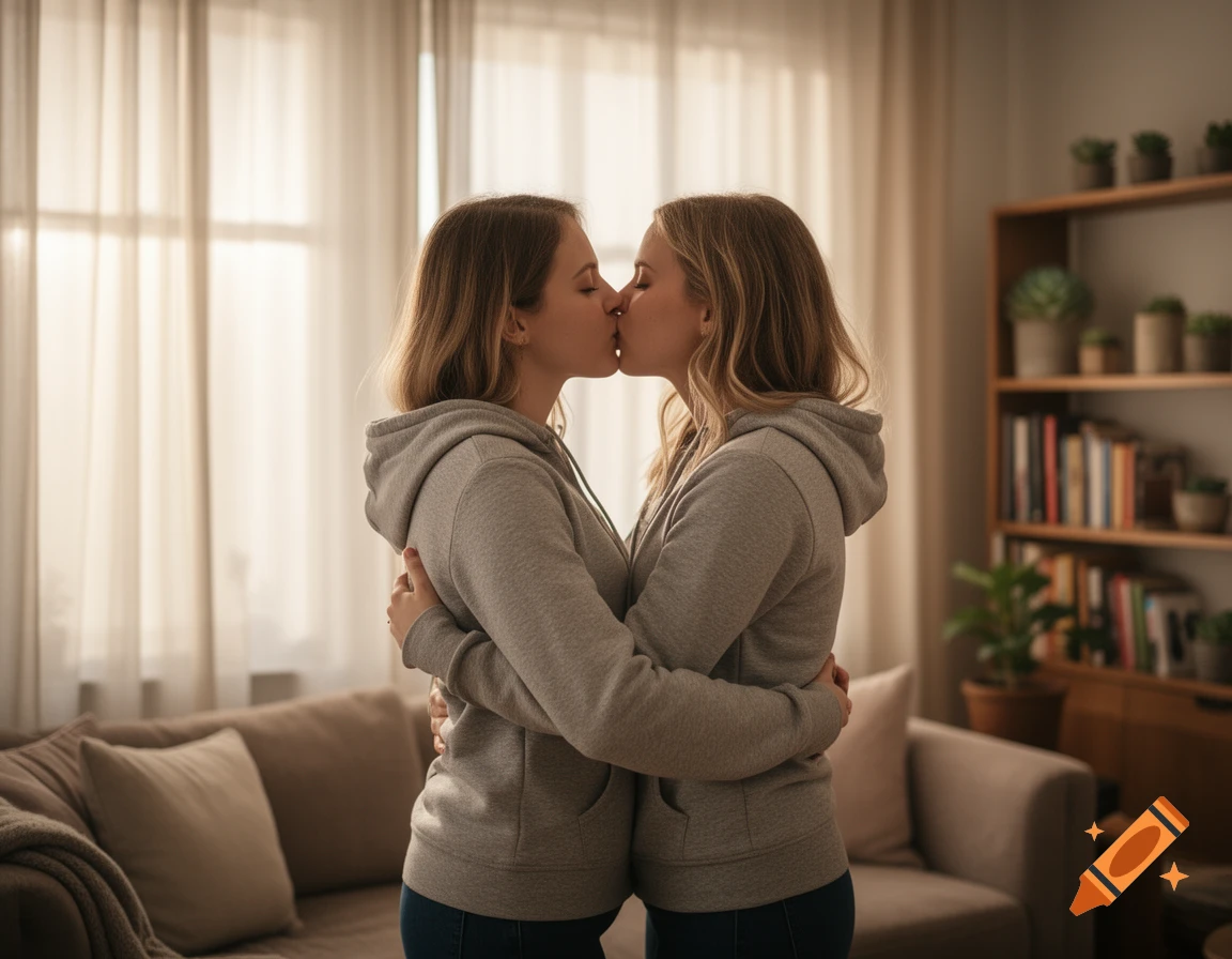 Two women in grey hoodies kiss while hugging in a warm, sunlit living room.
