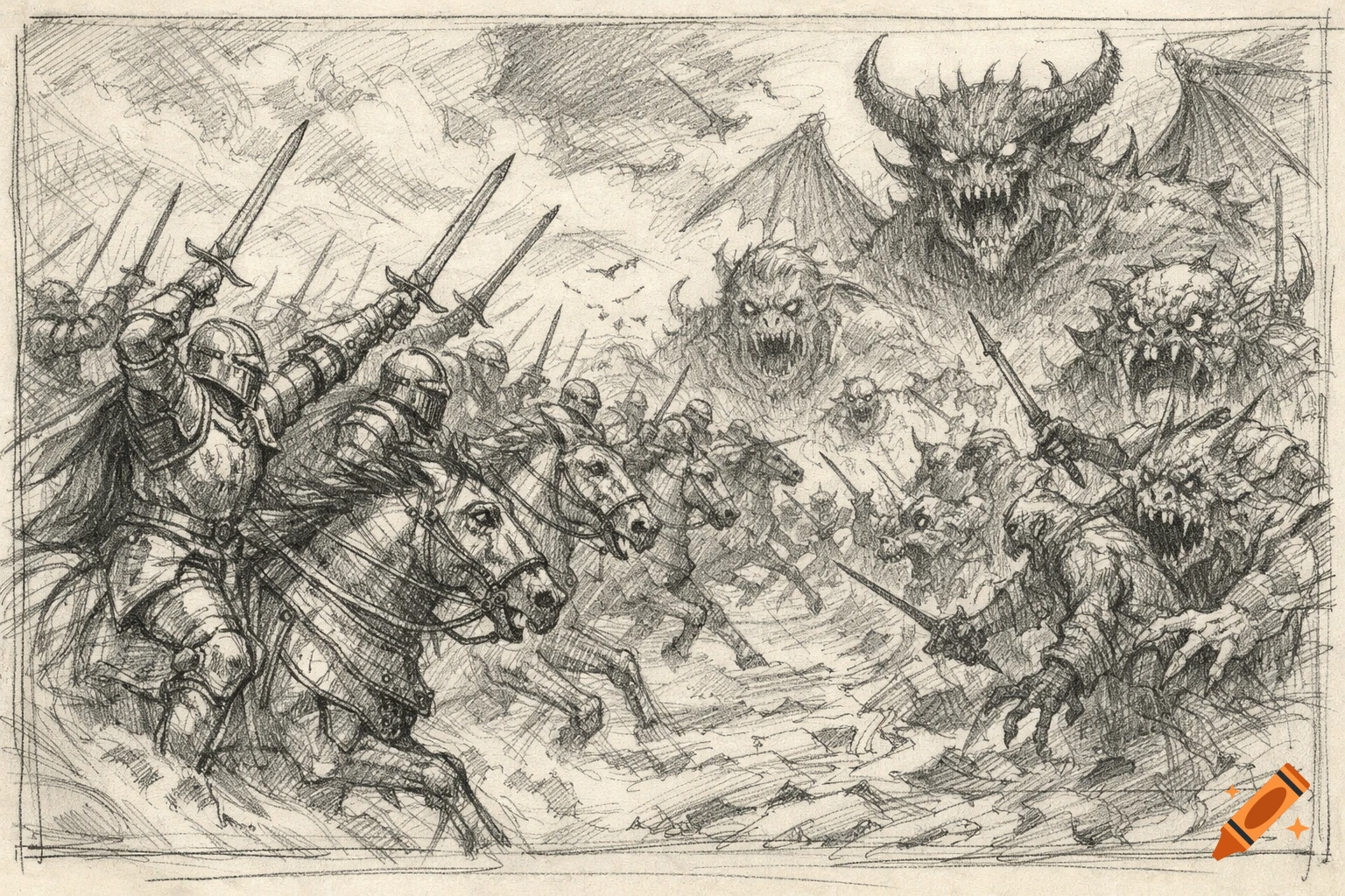 Pencil sketch of knights on horseback with swords raised charging into battle against a horde of horned monsters.
