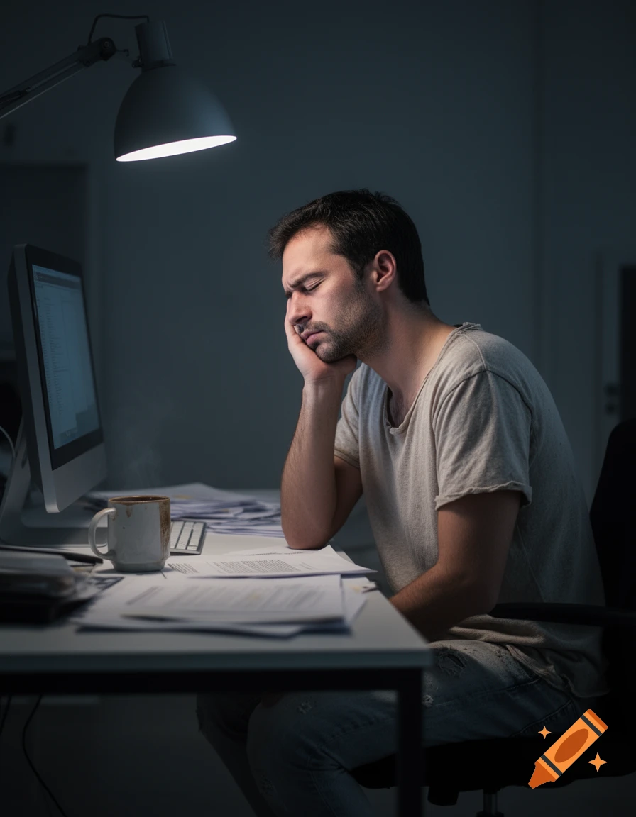 A tired man with closed eyes rests his head on his hand, sitting at a computer desk under a desk lamp in a dark room.