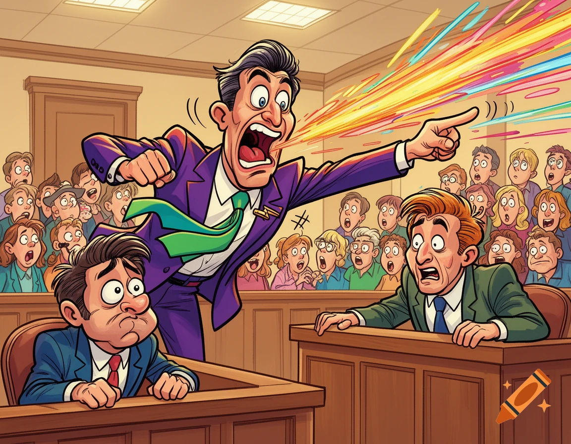 Exaggerated cartoon of an angry lawyer yelling and pointing in a courtroom, with colorful beams from his mouth, as a defendant and audience react.