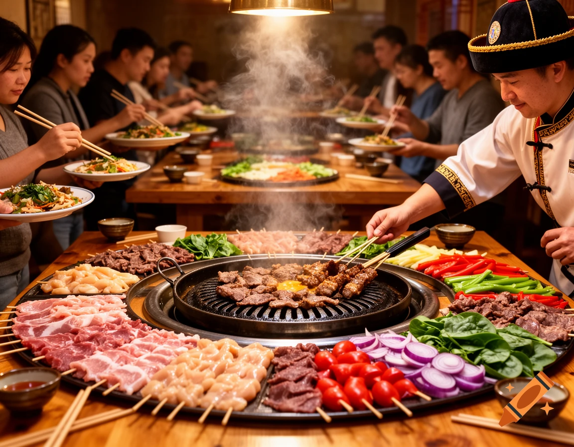 A bustling Mongolian BBQ restaurant where a chef grills skewers, surrounded by plates of raw meat and vegetables, with diners in the background.