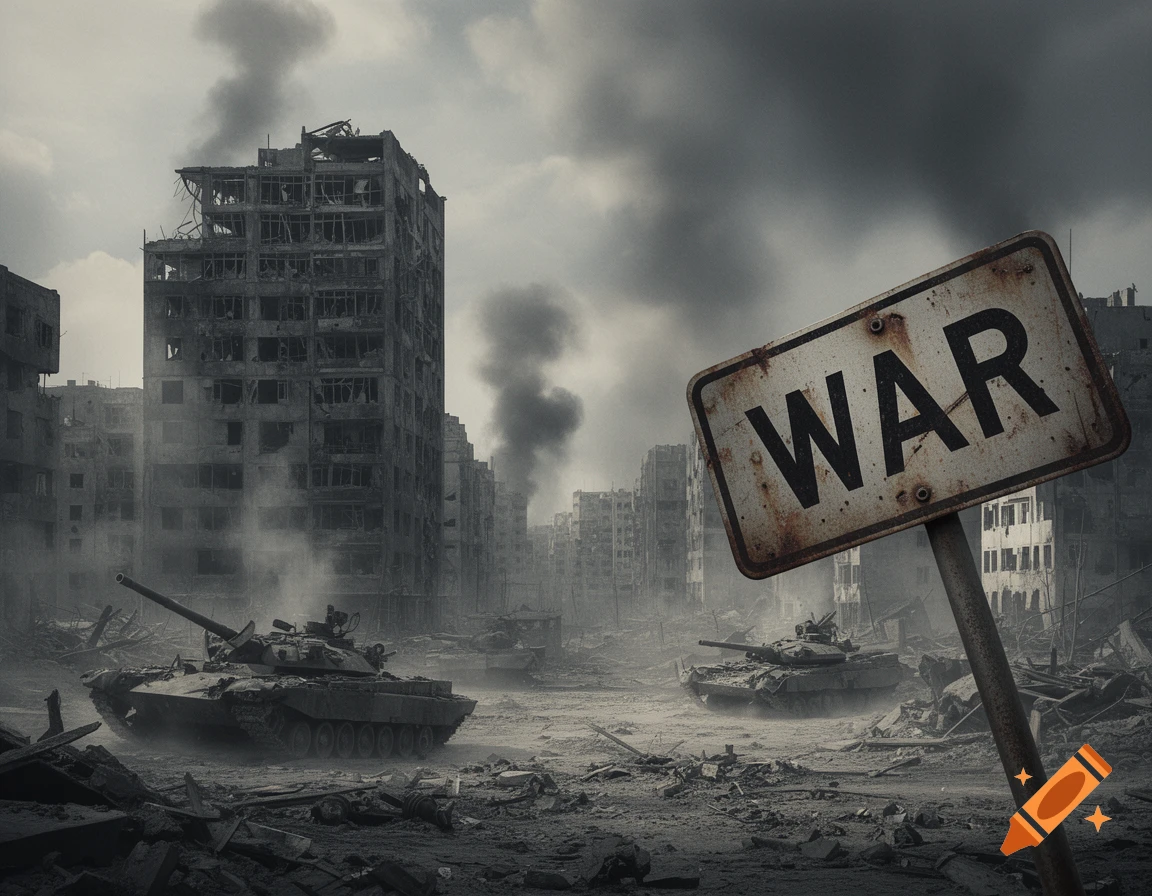 A desolate, war-torn city with destroyed buildings, heavy smoke, two military tanks, and a rusty sign reading "WAR" in the foreground.