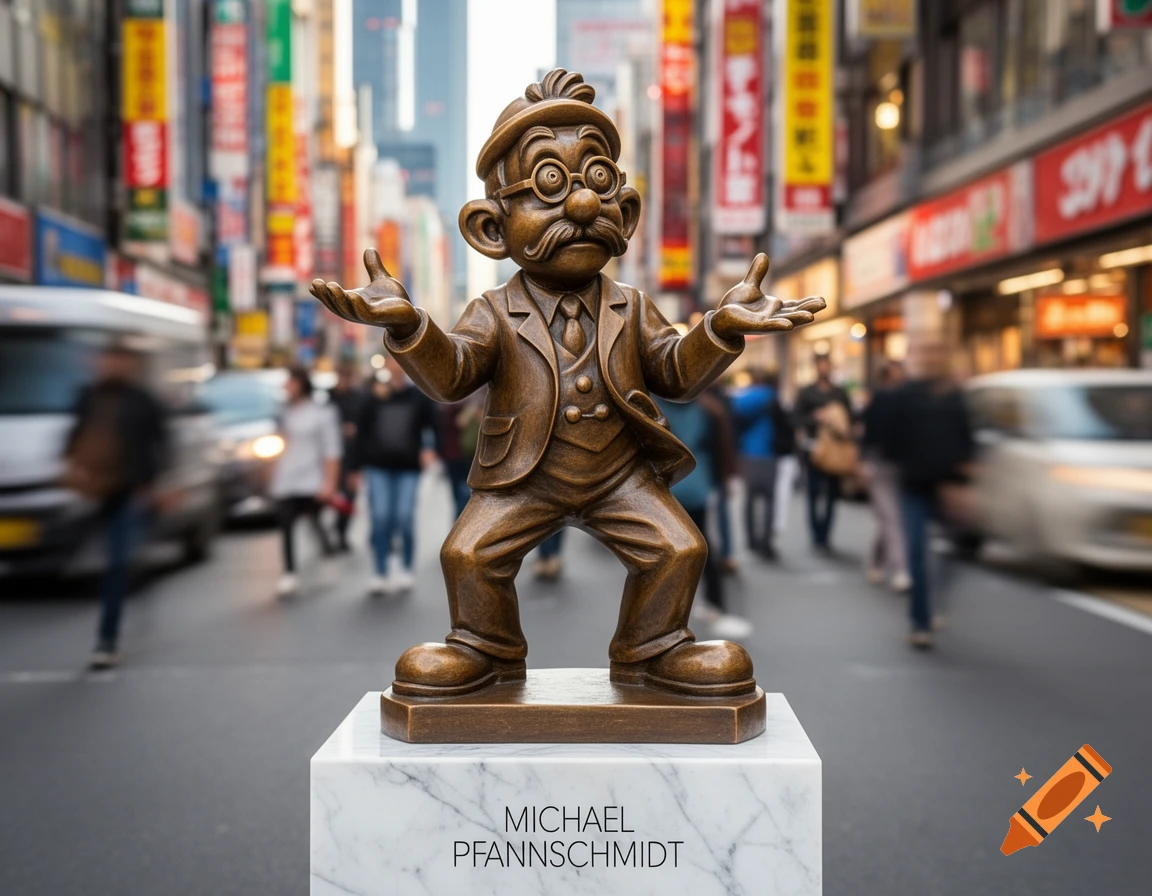 Bronze statue of a cartoon man in suit, glasses, and cap, with outstretched hands, on a marble pedestal in a busy, blurred city street.