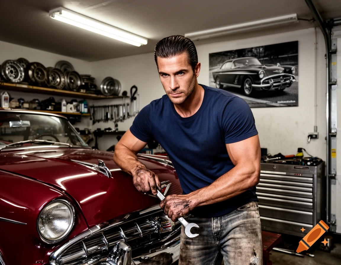 Muscular man with greased hands holding a wrench, leaning on a classic red car in a garage with tools.