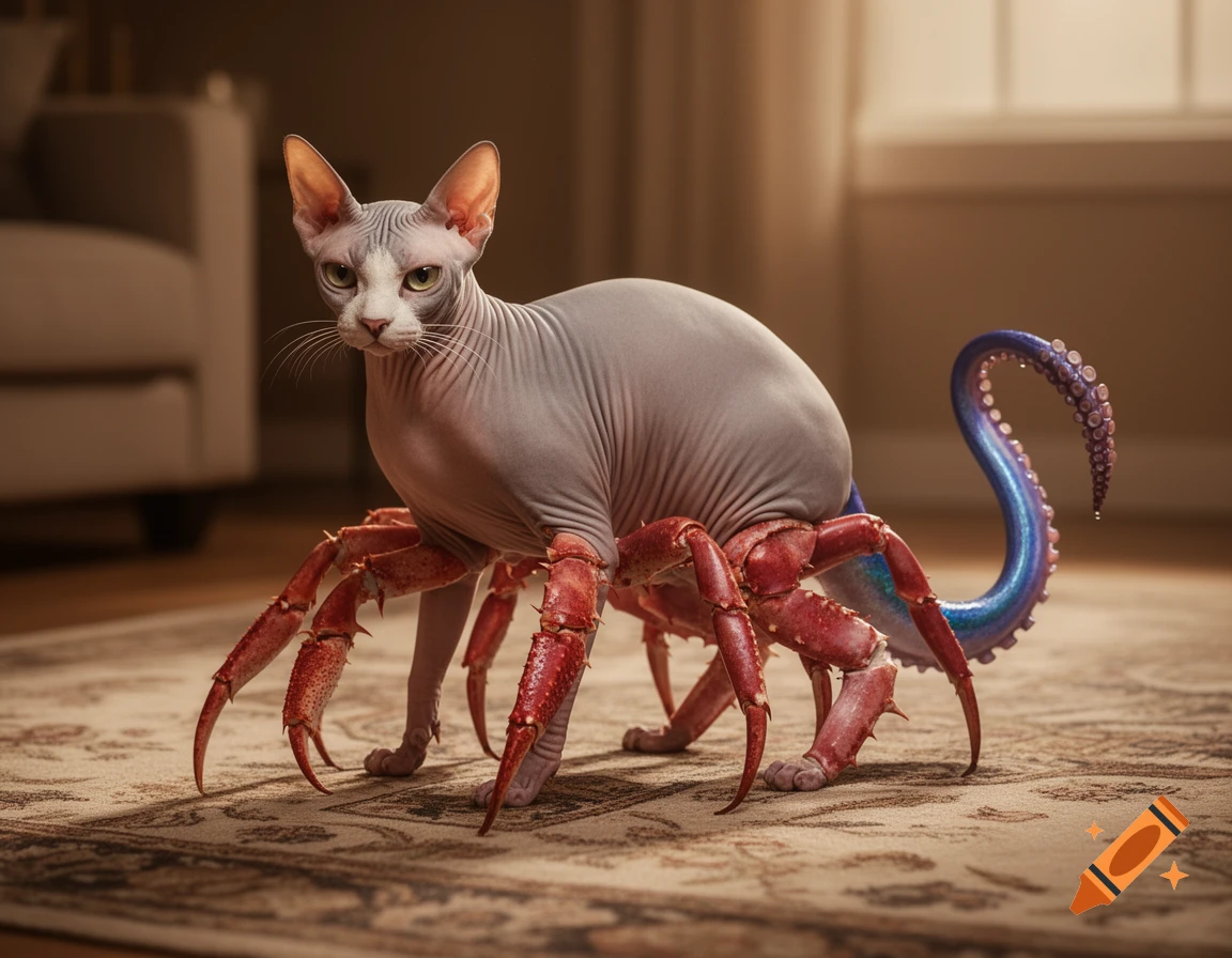 A hairless cat with red crab legs and a blue-purple octopus tentacle for a tail stands on a patterned rug.