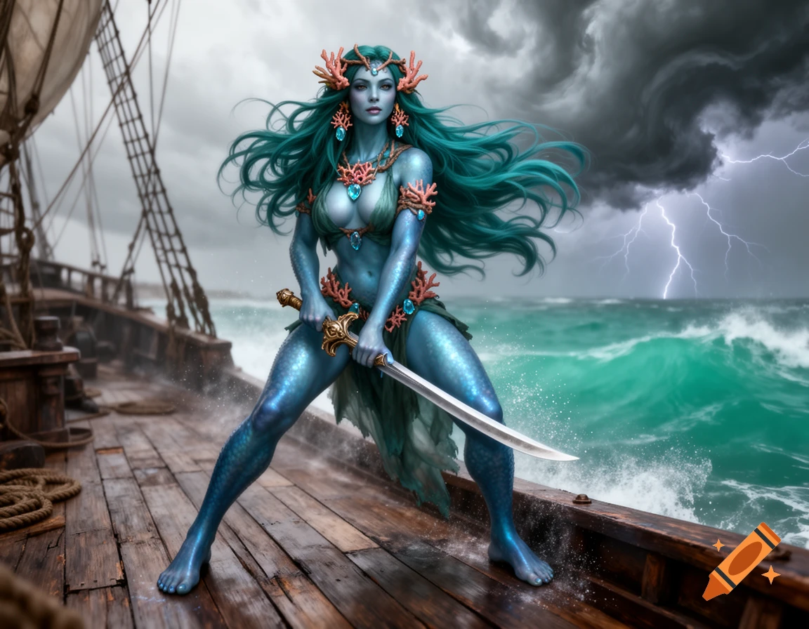 Blue-skinned triton pirate with teal hair and coral adornments on a stormy ship deck, holding a sword, with lightning.