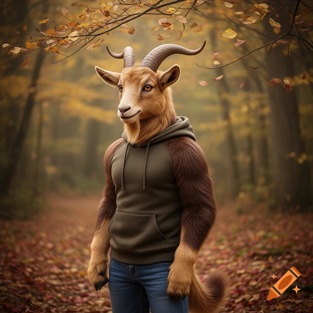 A bipedal goat-like fursona wearing a green hoodie and blue jeans stands in an autumn forest.