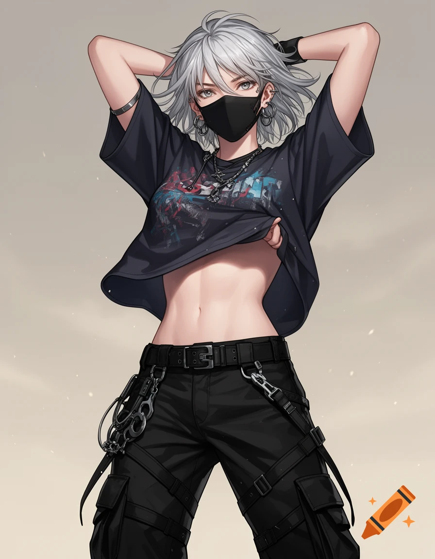 Anime female character in streetwear, with short silver hair and a mask, lifting her black graphic t-shirt to reveal toned abs.