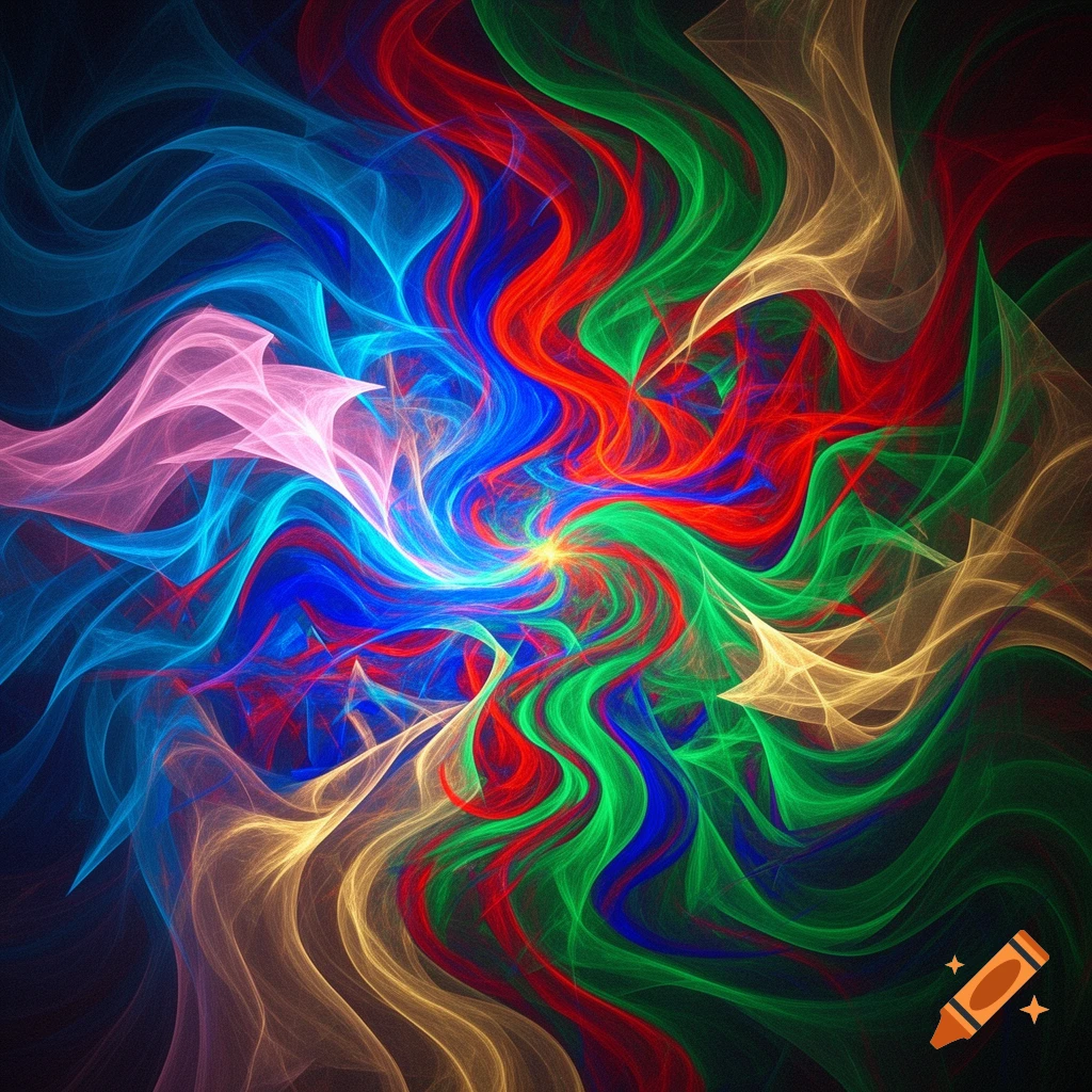 A vibrant abstract pattern of swirling, translucent waves in red, blue, green, pink, and gold, centered around a bright yellow core.