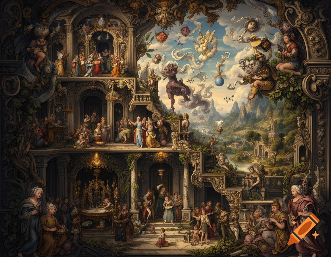 A hyper-detailed, surreal Renaissance fresco depicting a fantastical multi-level palace scene with mythological figures, ornate architecture, and a grand landscape.