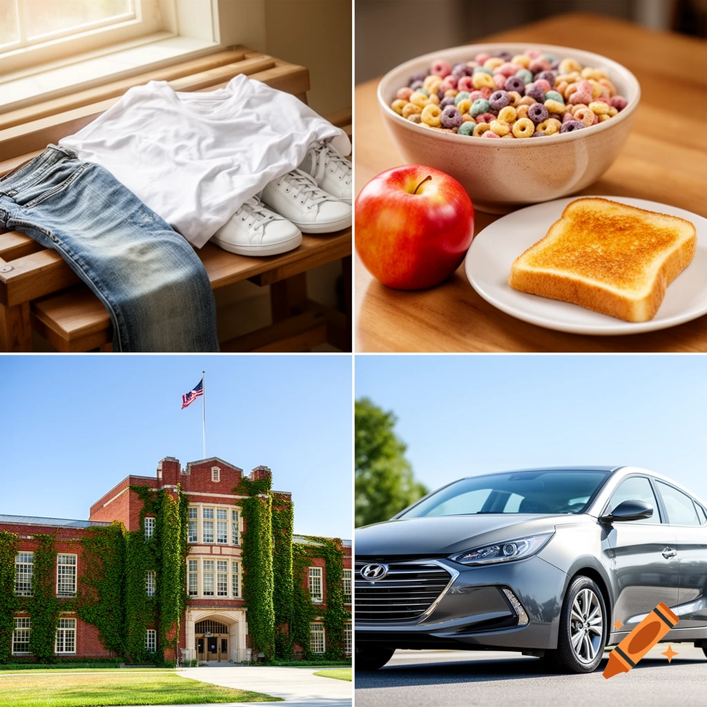A four-panel collage featuring clothes and shoes, breakfast items, a school building with an American flag, and a grey car.