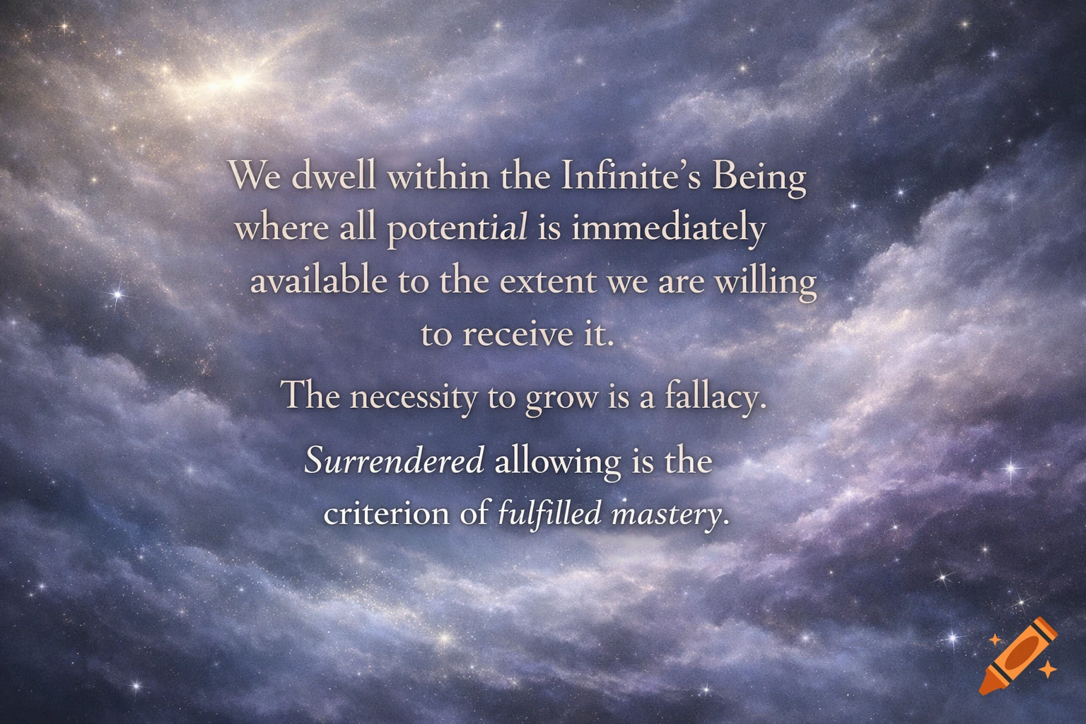 Philosophical quote about the Infinite and potential, rendered in white text against a background of a starry, cloudy nebula sky.