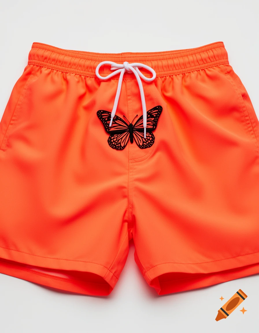 Neon orange swim shorts with white drawstrings and a black butterfly patch on the front.