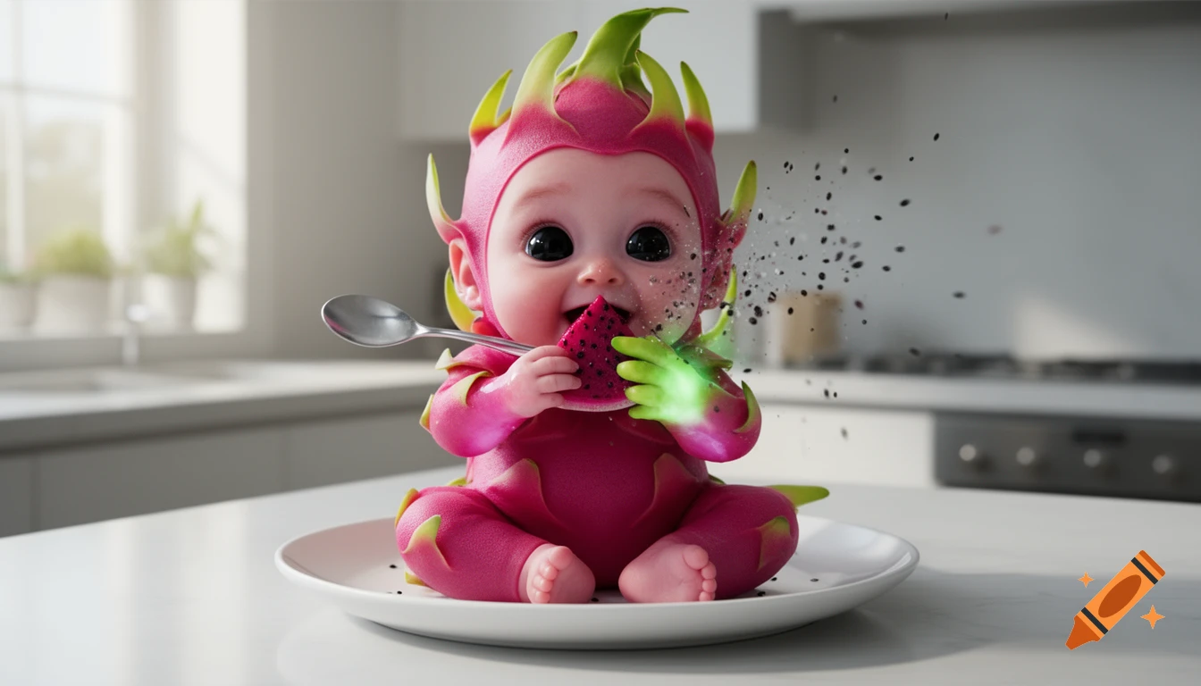 Hyper-realistic baby in a pink dragonfruit costume eats a fruit slice on a plate in a modern kitchen, with seeds scattering.