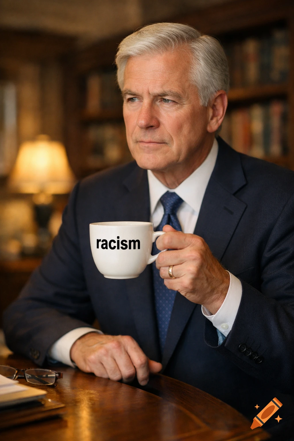 A man in a suit holds a white coffee cup with the word 'racism' written on it, in an office setting.