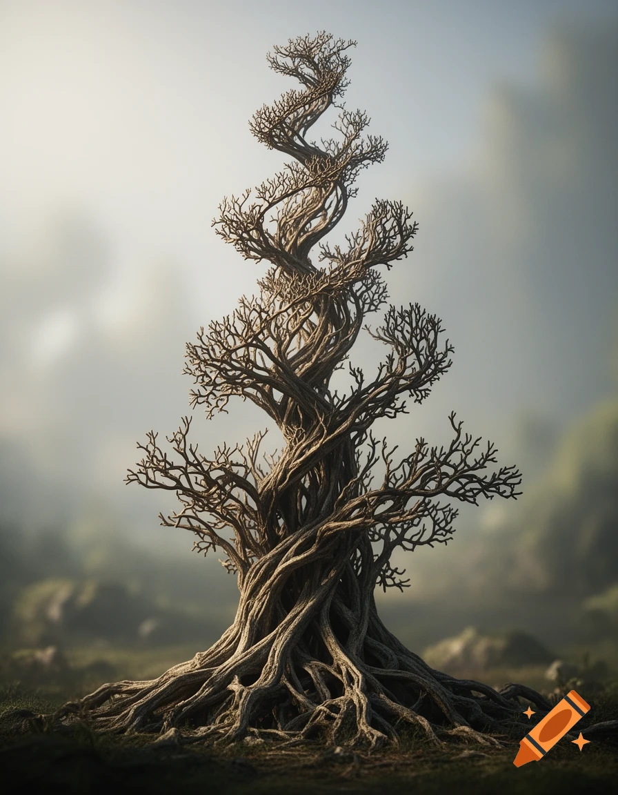 An intricate, gnarled tree with exposed roots and a spiraling, fractal-like trunk, set against a misty landscape.