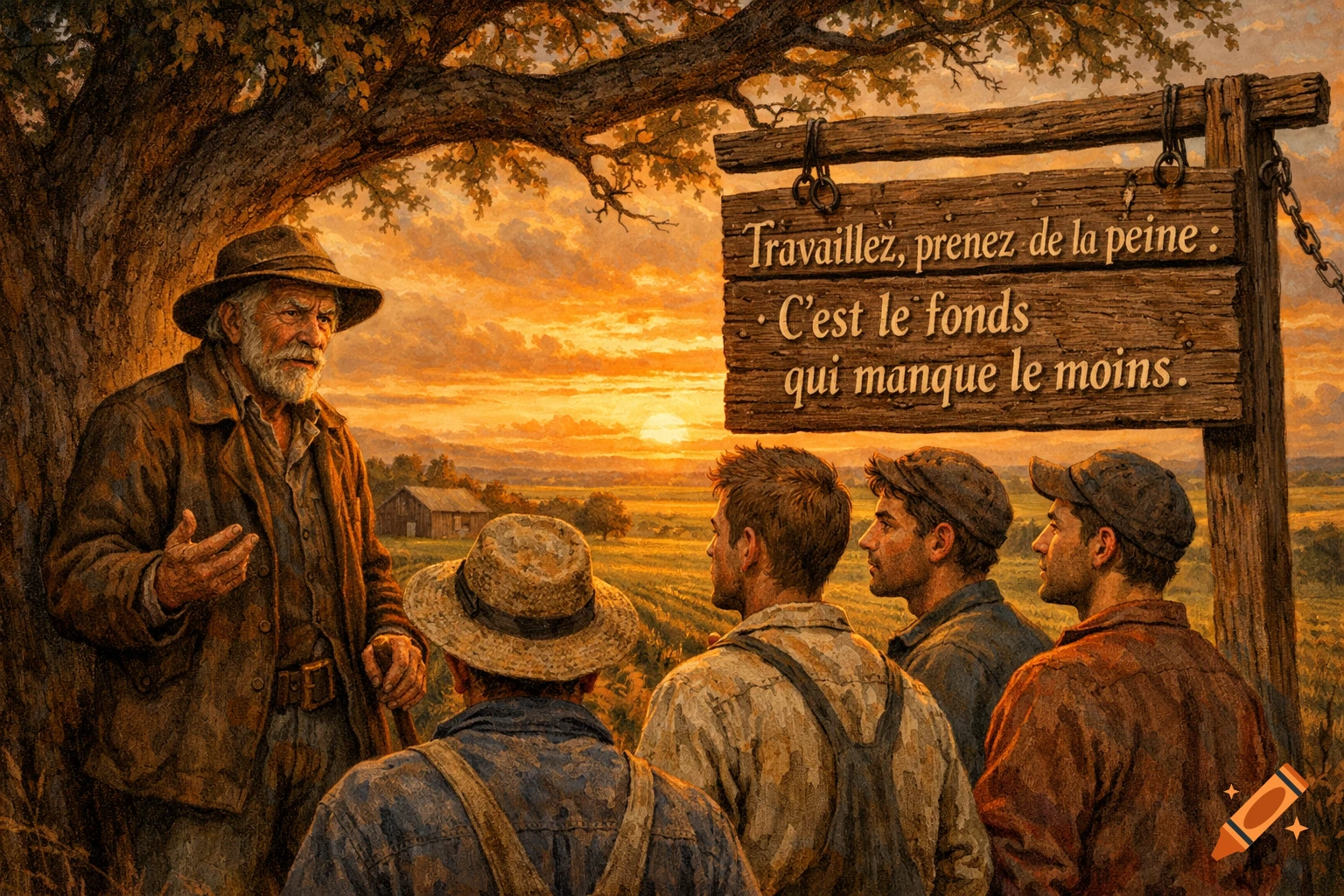 Painterly image of an old man speaking to three younger men under a large tree at sunset, next to a wooden sign with a French proverb.