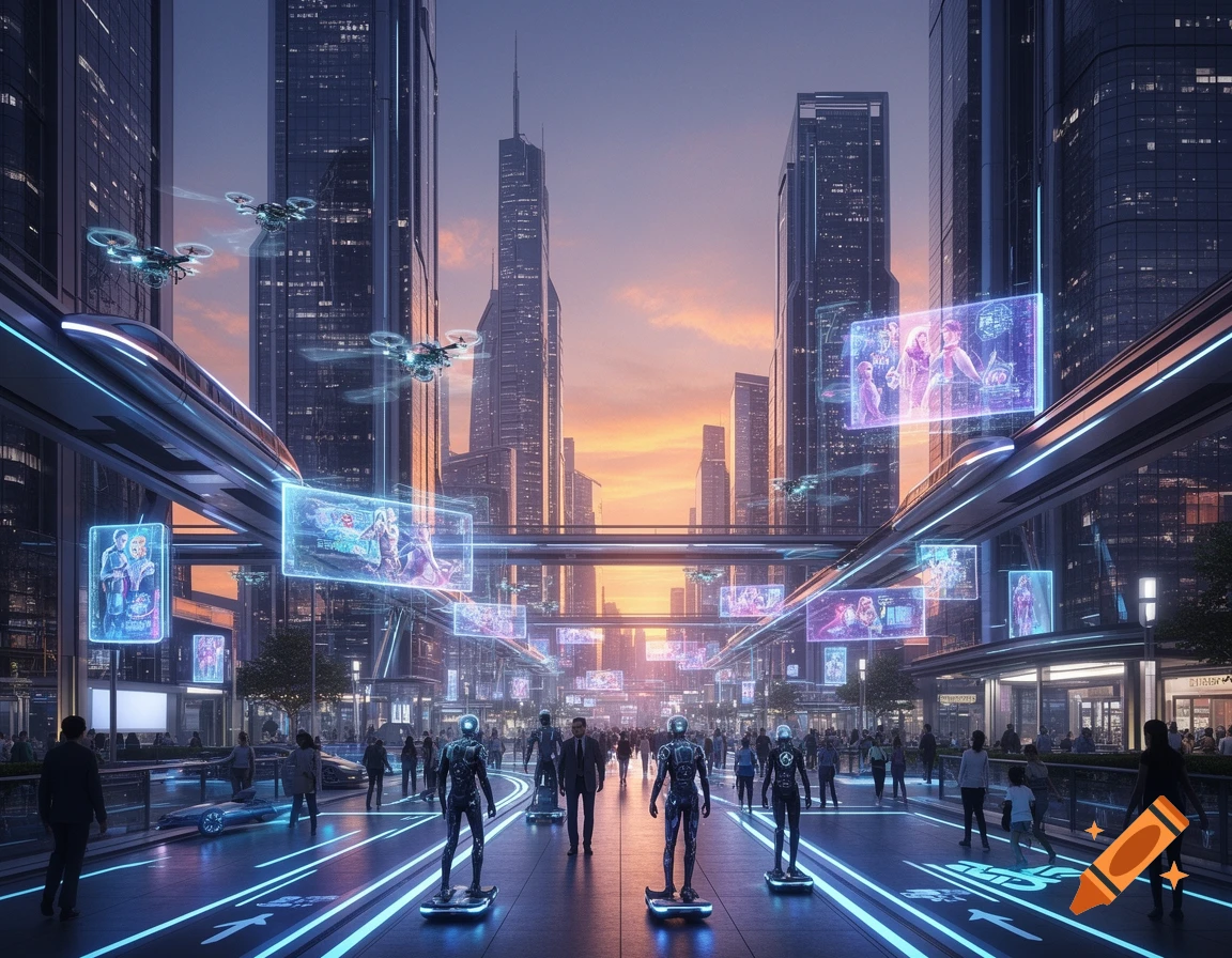 A bustling futuristic city at sunset with tall skyscrapers, flying ...