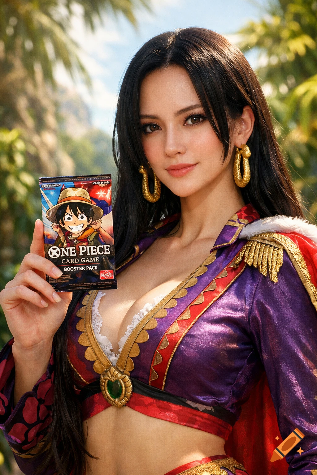A woman dressed as Boa Hancock holds a One Piece Card Game Booster Pack against a blurred tropical background.