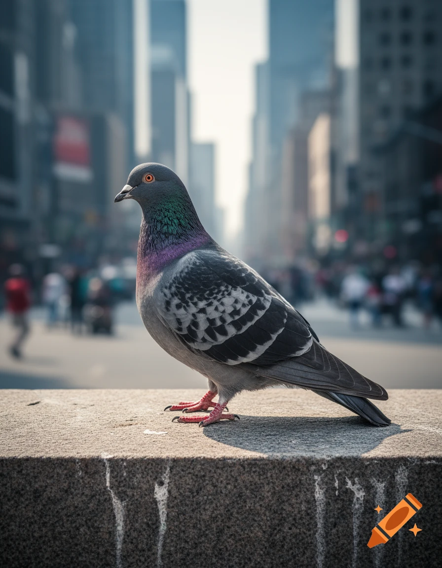 A close-up, photorealistic image of a pigeon with iridescent neck feathers standing on a concrete ledge, with a blurred city street and buildings in the background.