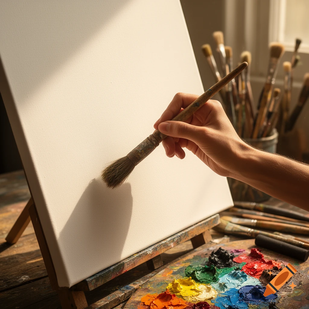 A close-up, photorealistic shot of a hand holding a paintbrush over a blank canvas, with a colorful paint palette below.