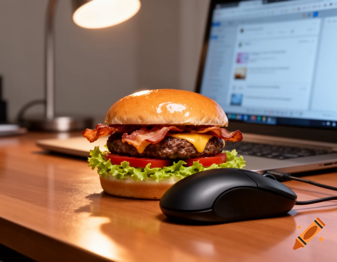 A photorealistic hamburger with bacon, cheese, lettuce, and tomato on a wooden desk, next to a computer mouse with a laptop and lamp in the background.