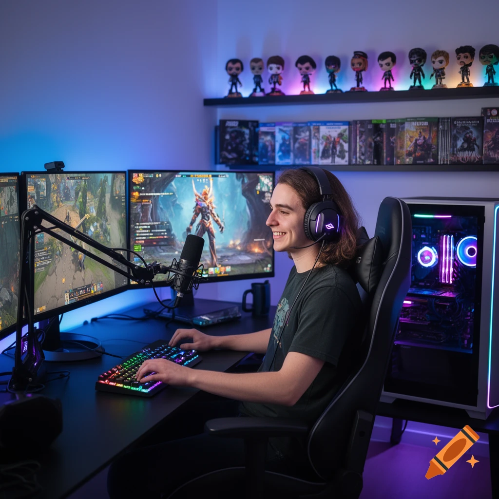 A young man with headphones smiles while gaming at a multi-monitor desk setup with a microphone and RGB lighting.
