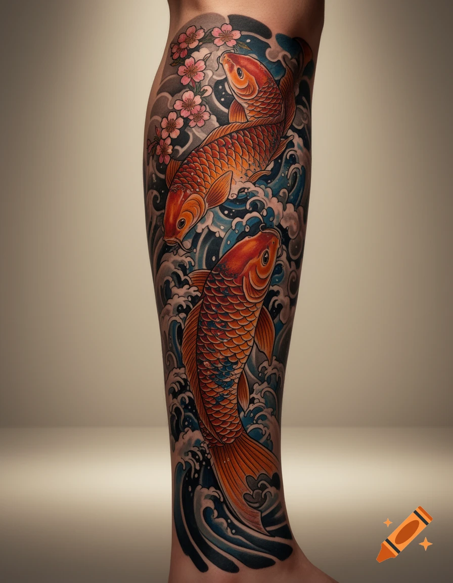 Vibrant Japanese leg sleeve tattoo with two orange koi fish swimming in blue waves and pink cherry blossoms.