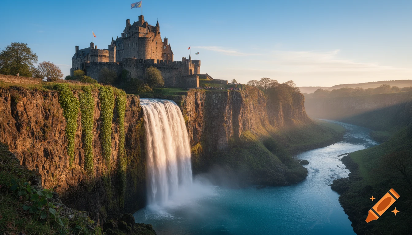 A majestic medieval castle sits atop a rocky cliff overlooking a ...