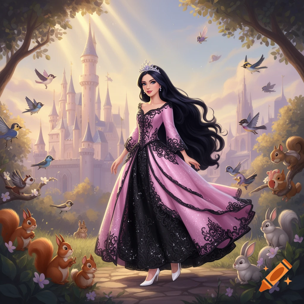 A fairytale princess in a pink and black gown stands on a path surrounded by birds, squirrels, and rabbits, with a castle in the background.