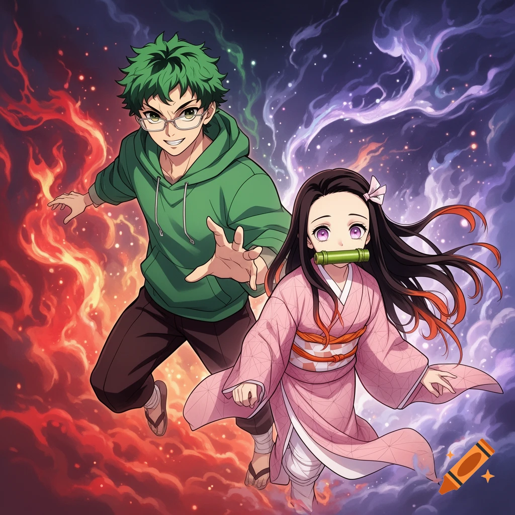 Anime characters Izuku Midoriya and Nezuko Kamado against a fiery red and purple smoky background.
