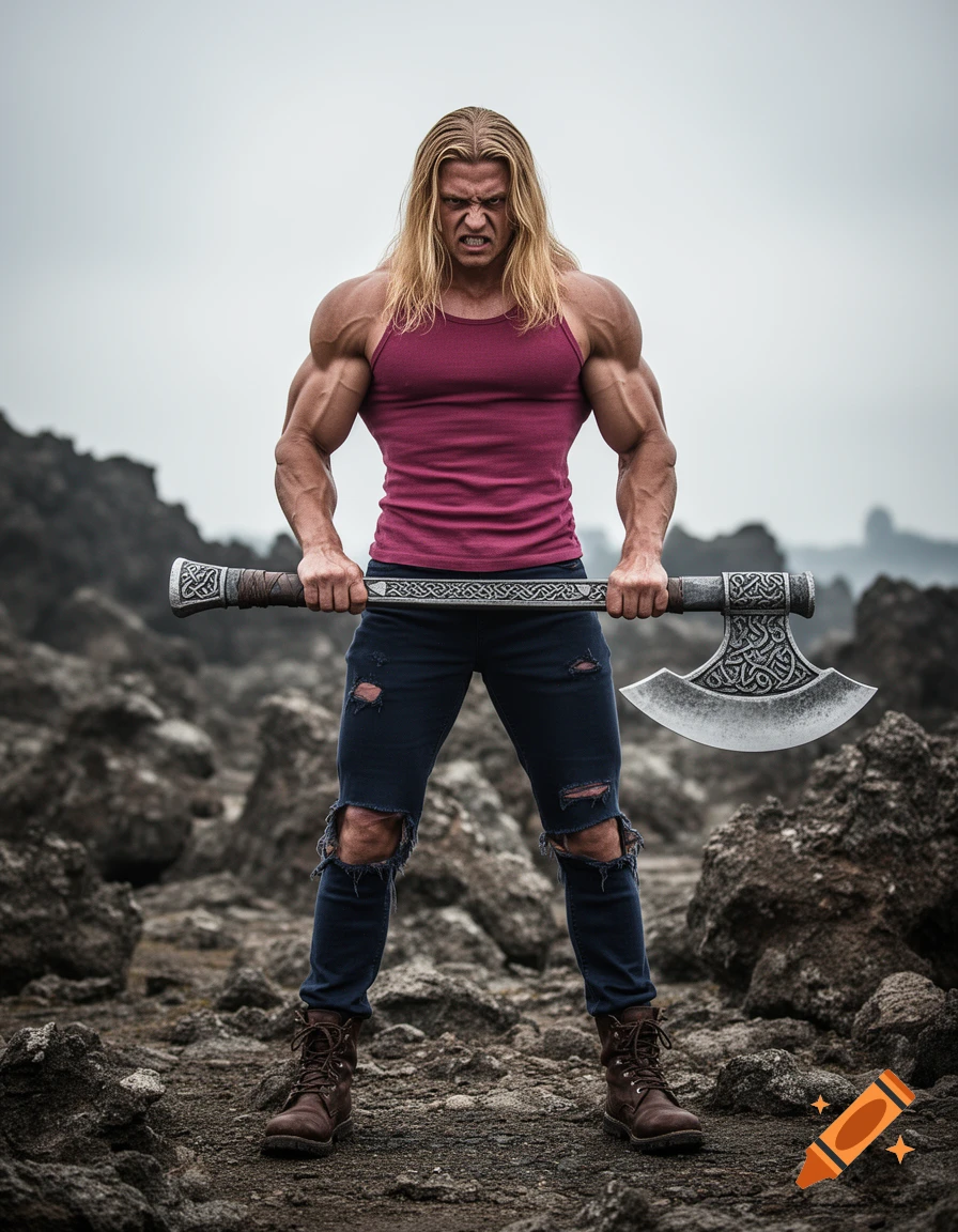 Muscular man with long blonde hair, angry expression, holding a large double-bladed axe on a rocky terrain.