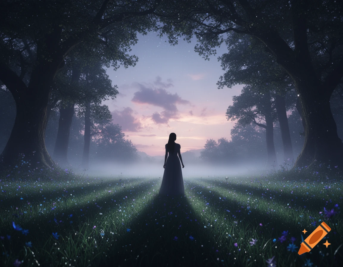 Silhouette of a woman in a long dress in a magical, misty forest clearing with glowing flowers under a starry twilight sky, fantasy art.