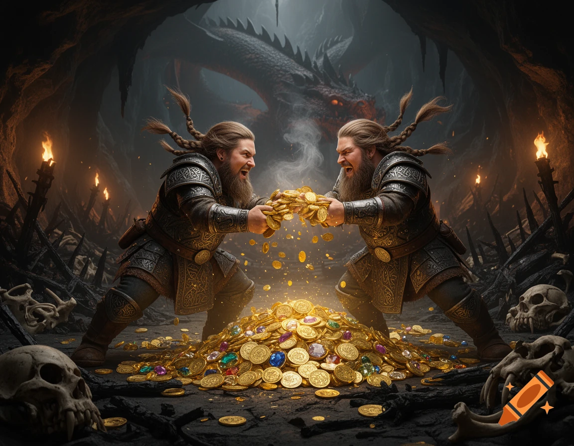 Two bearded dwarven warriors wrestle over a pile of gold and gems in a dark cave, a red-eyed dragon lurking in the background.