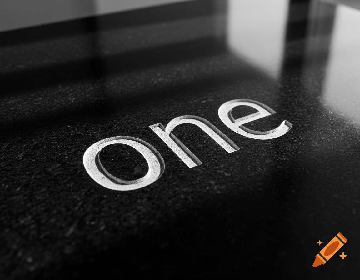 The word "one" carved in white into a dark, textured stone surface, with dramatic lighting.