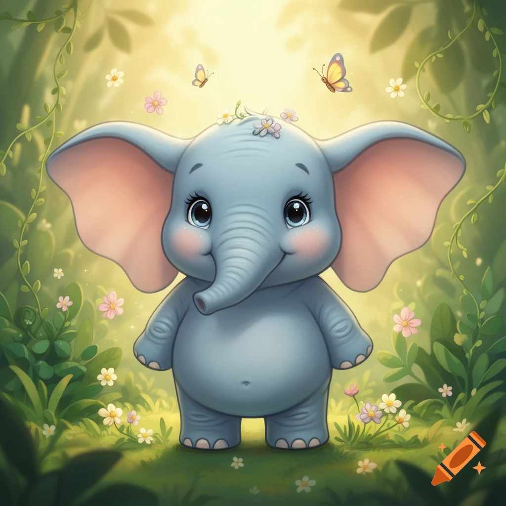 A cute cartoon baby elephant with large ears and rosy cheeks smiles in a vibrant forest, surrounded by flowers and butterflies.