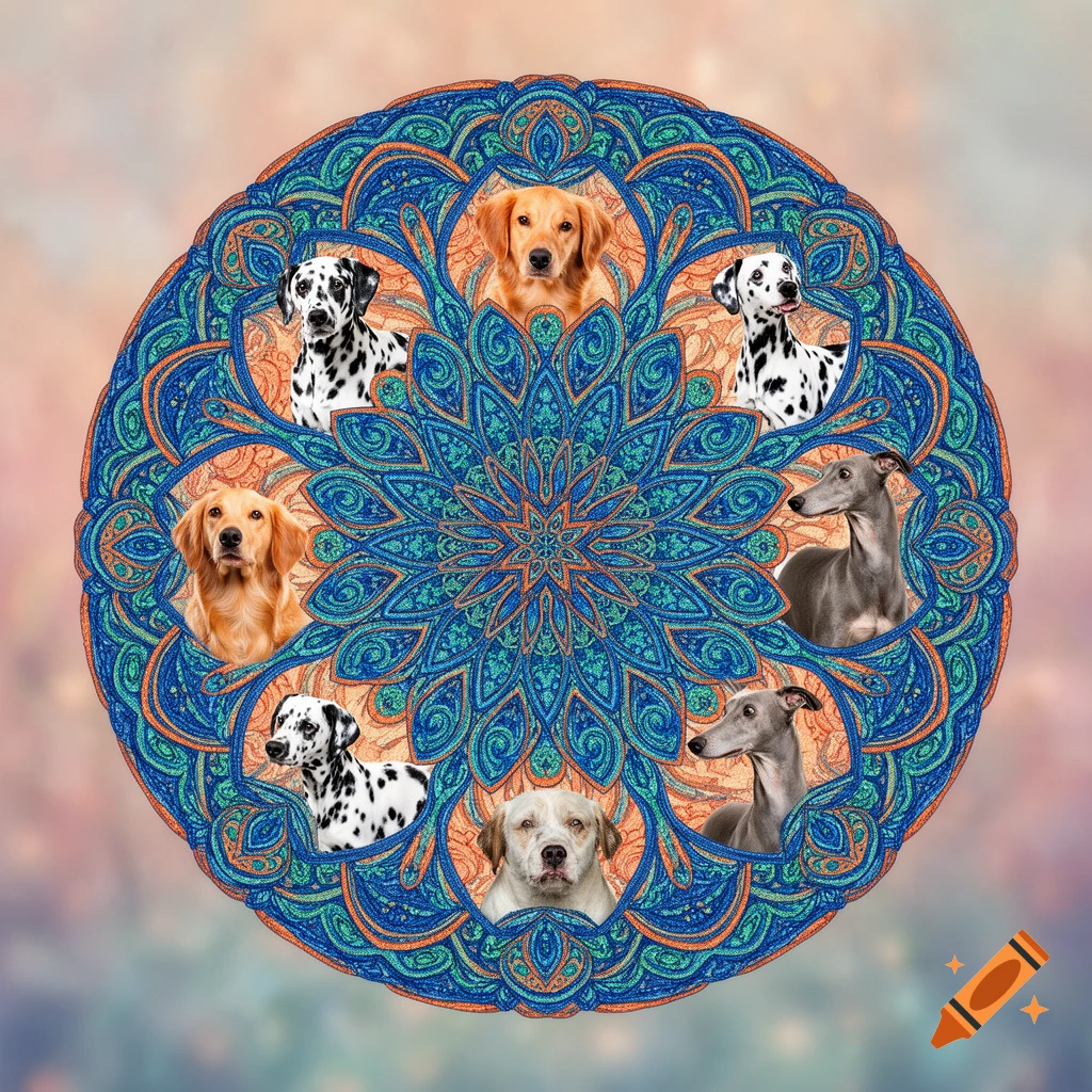 A colorful blue and orange mandala pattern features eight dog heads, including golden retrievers, dalmatians, greyhounds, and a labrador.