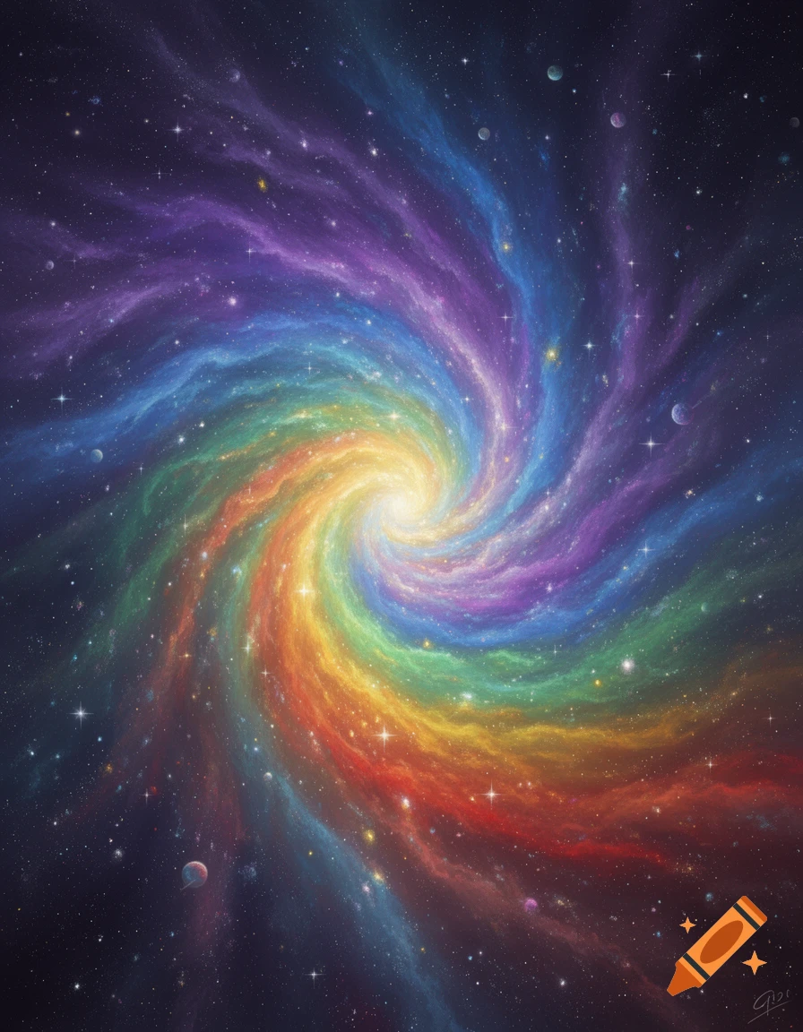A vibrant rainbow-colored spiral galaxy swirls in a starry cosmic expanse.