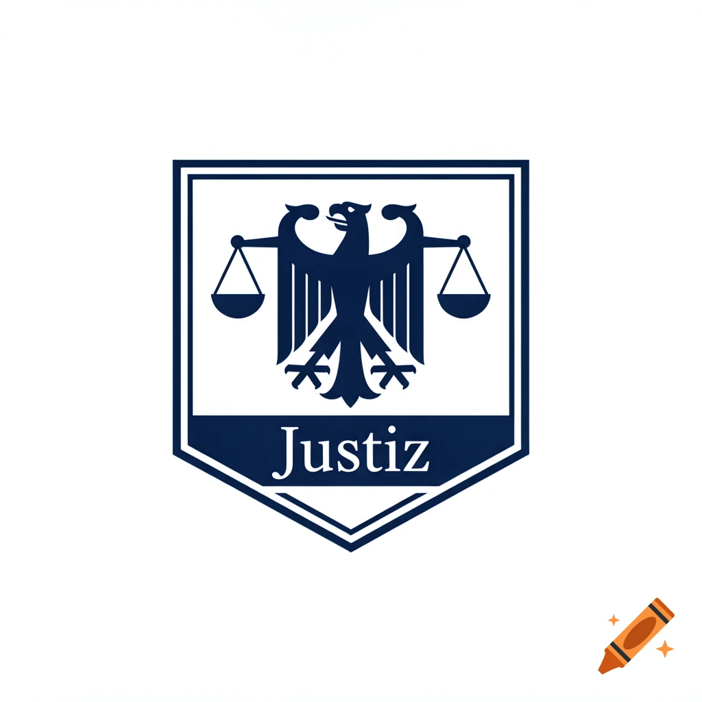 A blue and white shield-shaped logo depicting a stylized eagle holding scales, with the word "Justiz" below, on a white background.