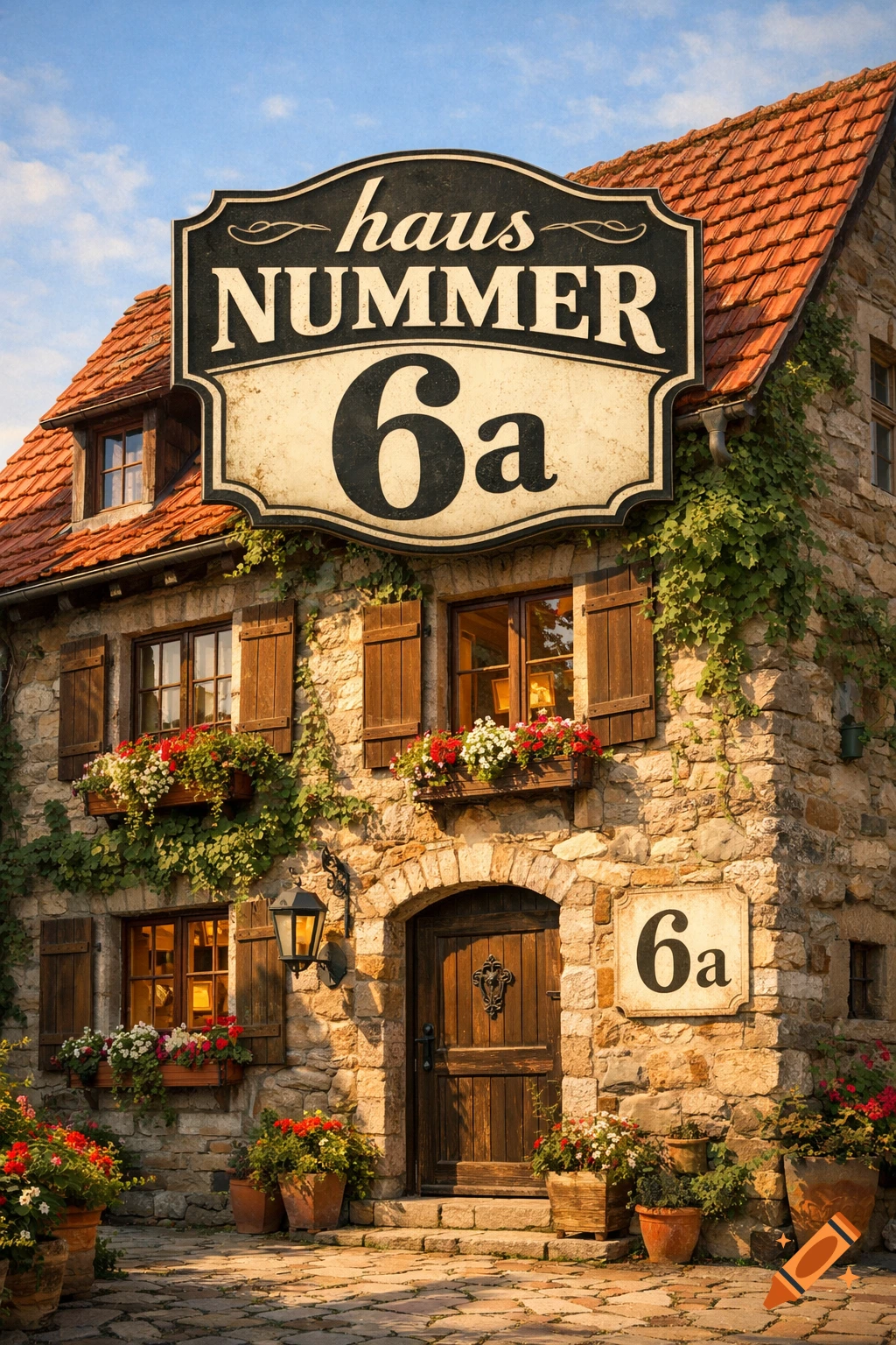 A rustic stone house with a red-tiled roof, window boxes filled with red and white flowers, and signs reading "haus NUMMER 6a" and "6a".