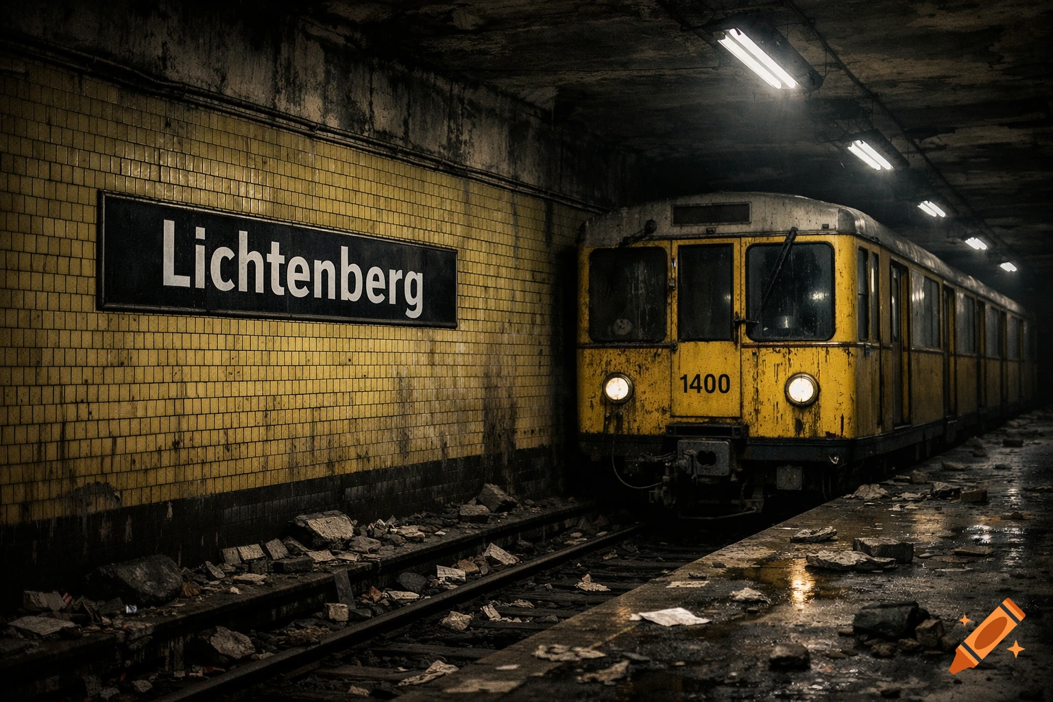 A dark, dystopian subway station with a yellow train labeled '1400', a 'Lichtenberg' sign, and rubble on the tracks.