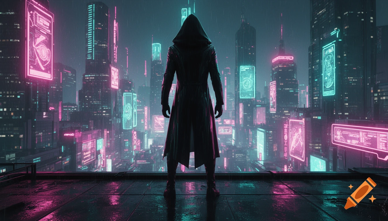 Dark silhouette of a hooded figure on a rain-soaked rooftop overlooking ...