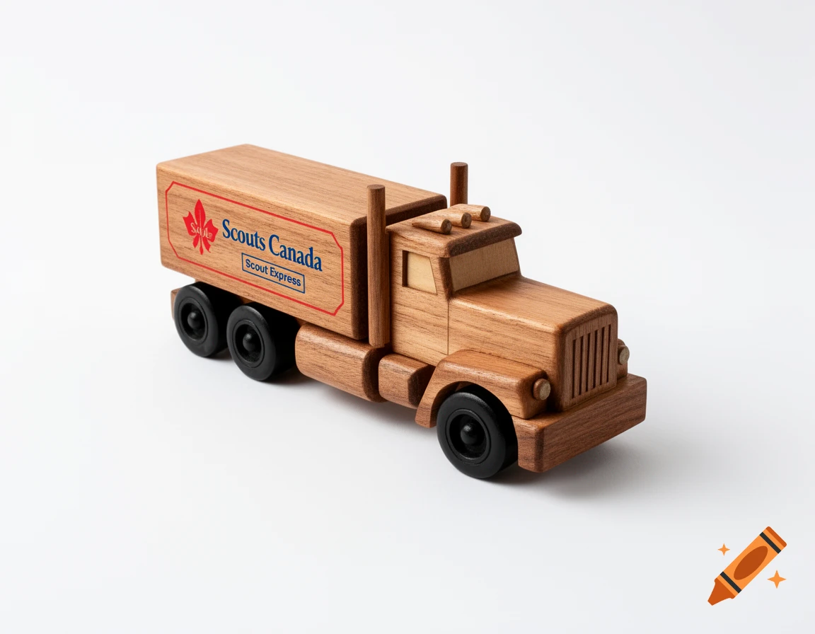 Photorealistic wooden 18-wheeler toy truck with Scouts Canada logo on a white background.