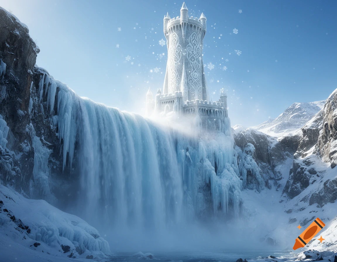 A majestic ice castle tower stands atop a frozen waterfall in a snowy ...
