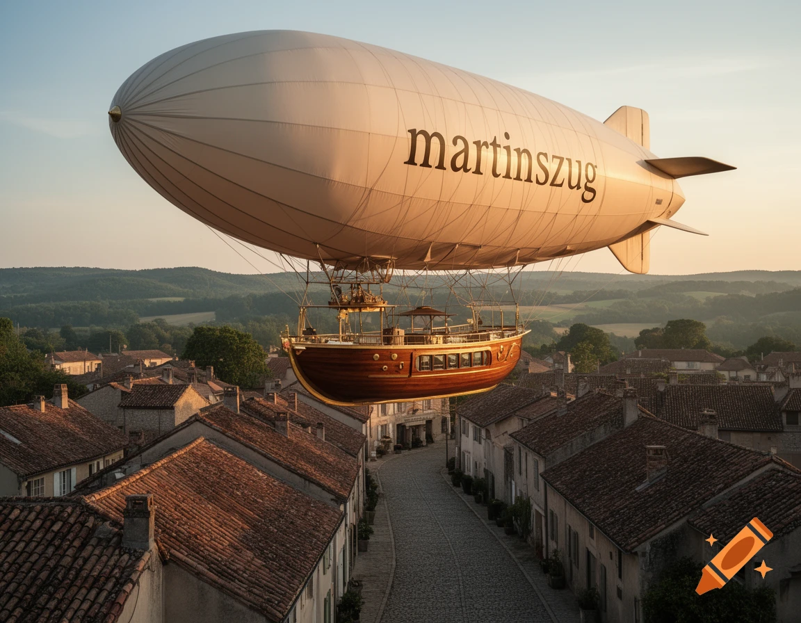 A large blimp with a wooden boat-like gondola flies over a quaint village with red-tiled roofs at sunset.