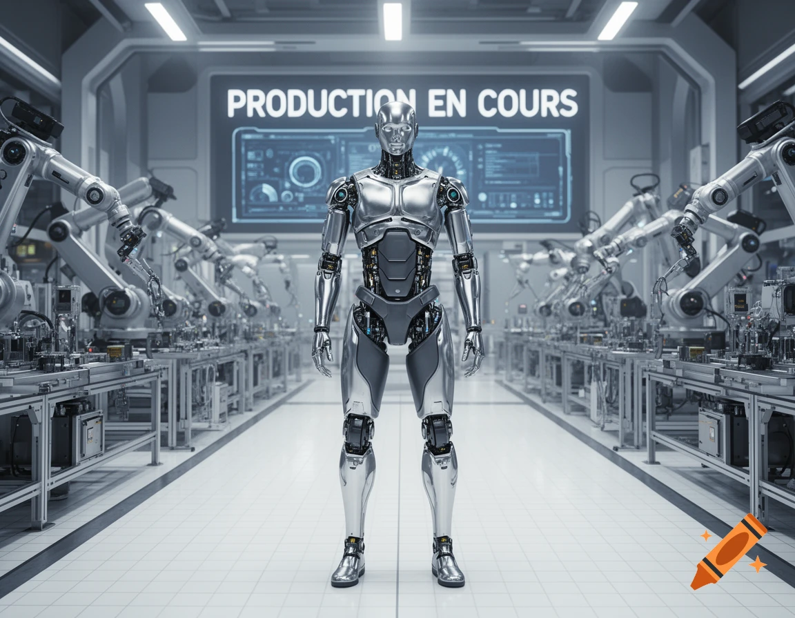 A sleek metallic robot stands in a modern, automated factory lined with robotic arms, a screen displaying 'PRODUCTION EN COURS'.
