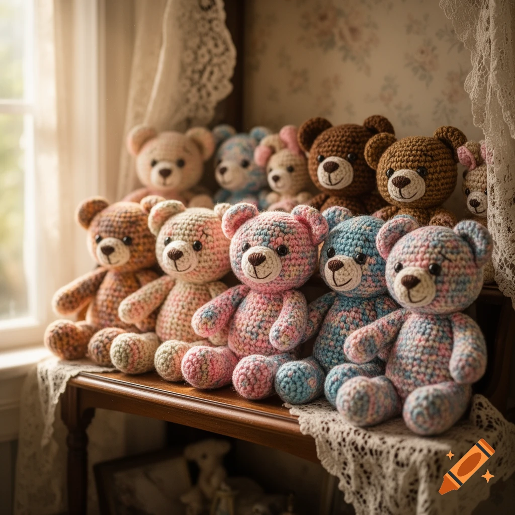 A group of colorful crochet teddy bears with various patterns sit on a wooden surface with lace, next to a window.